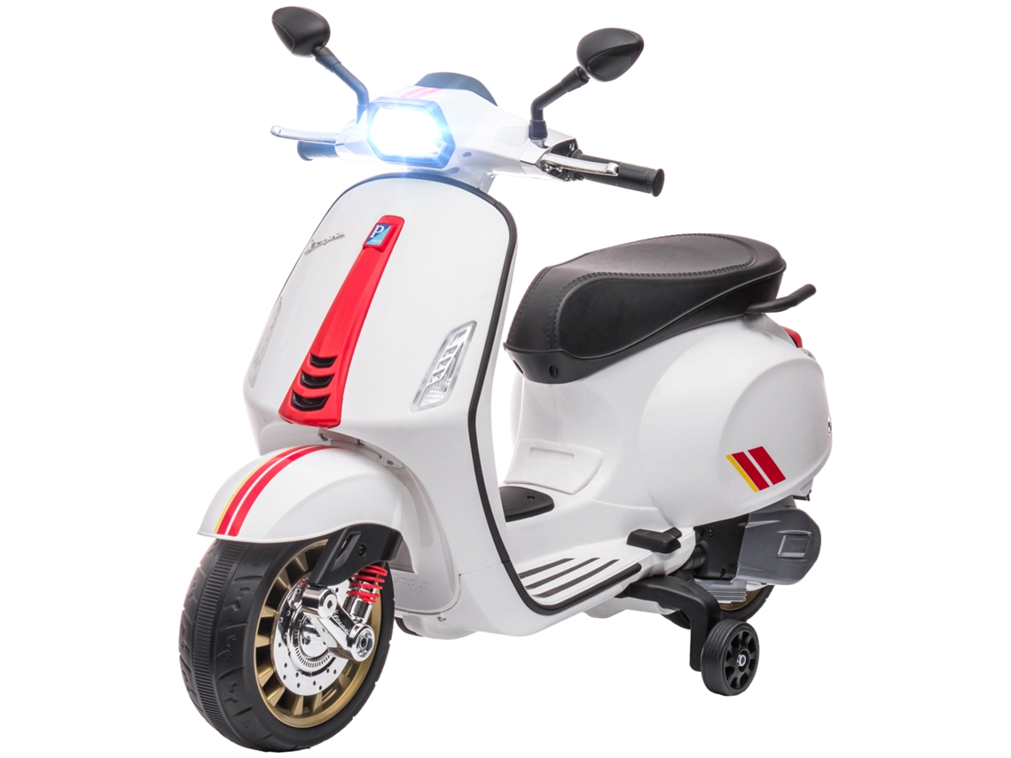 Moto Elétrica Para Crianças De 3-6 Anos Com Licença Vespa Com Usb Mp3 Luz Led Rádio Fm Velocidade 3 Km/h Carga 35 Kg Branco