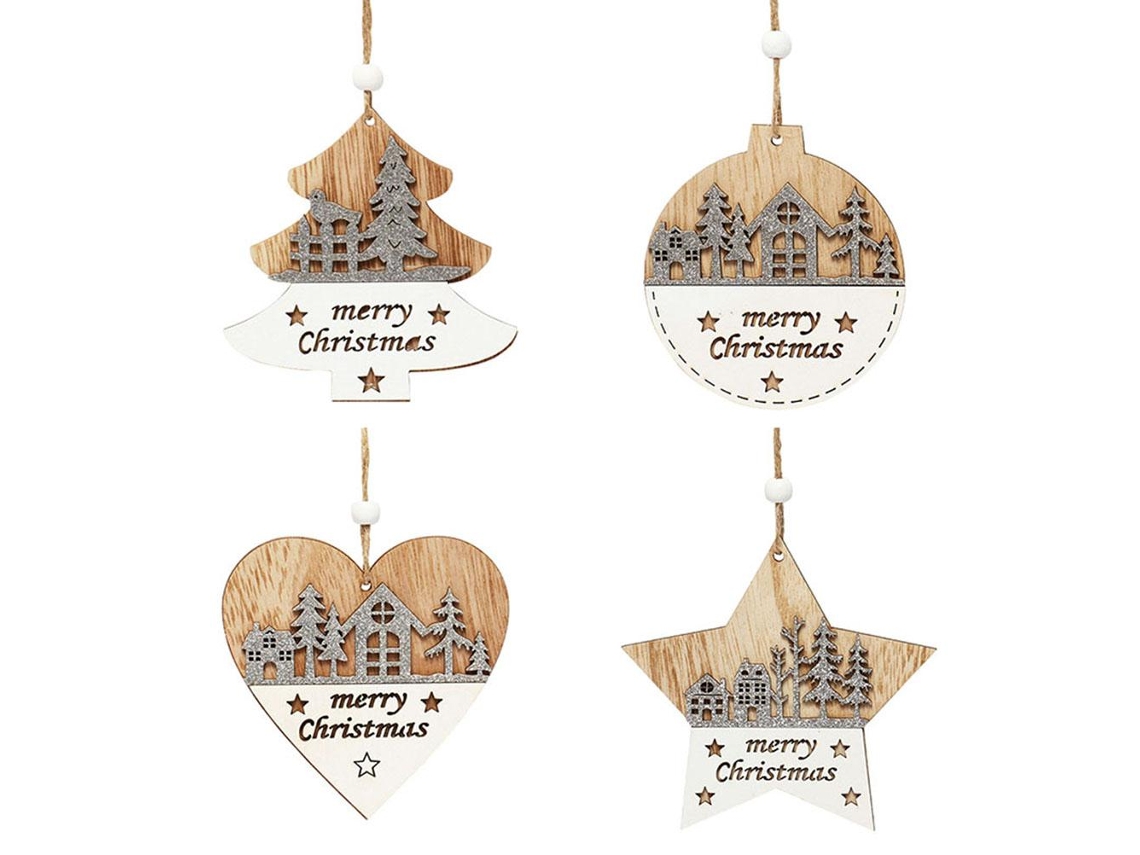 Laxiscreed Kit De Enfeites De Natal Em Madeira Com Camada Dupla E Fita Branca, 4 Peças