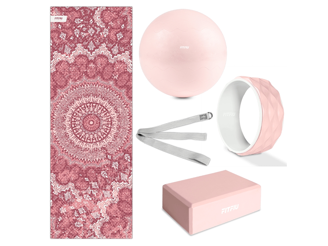 Kit 5 acessórios yoga e pilates FITFIU FITNESS KITWELL-500 ROSA, tapete, bloco, roda, fitball, correia
