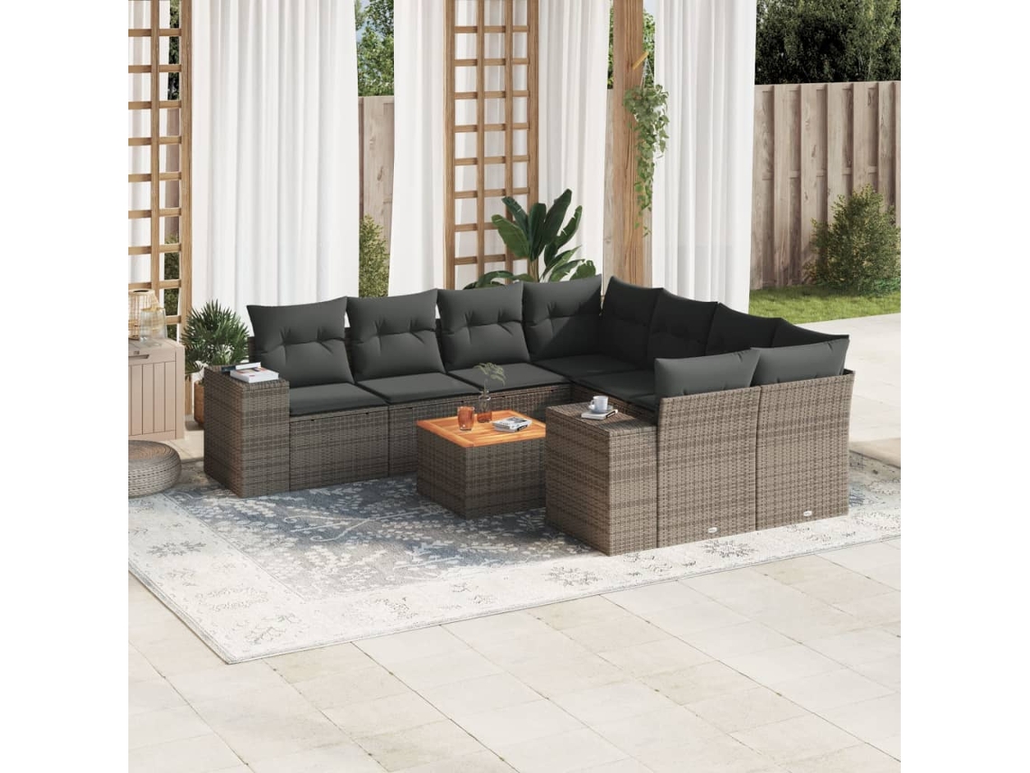Vidaxl 9 Pcs Conjunto Sofás P/ Jardim Com Almofadões Vime Pe Cinzento
