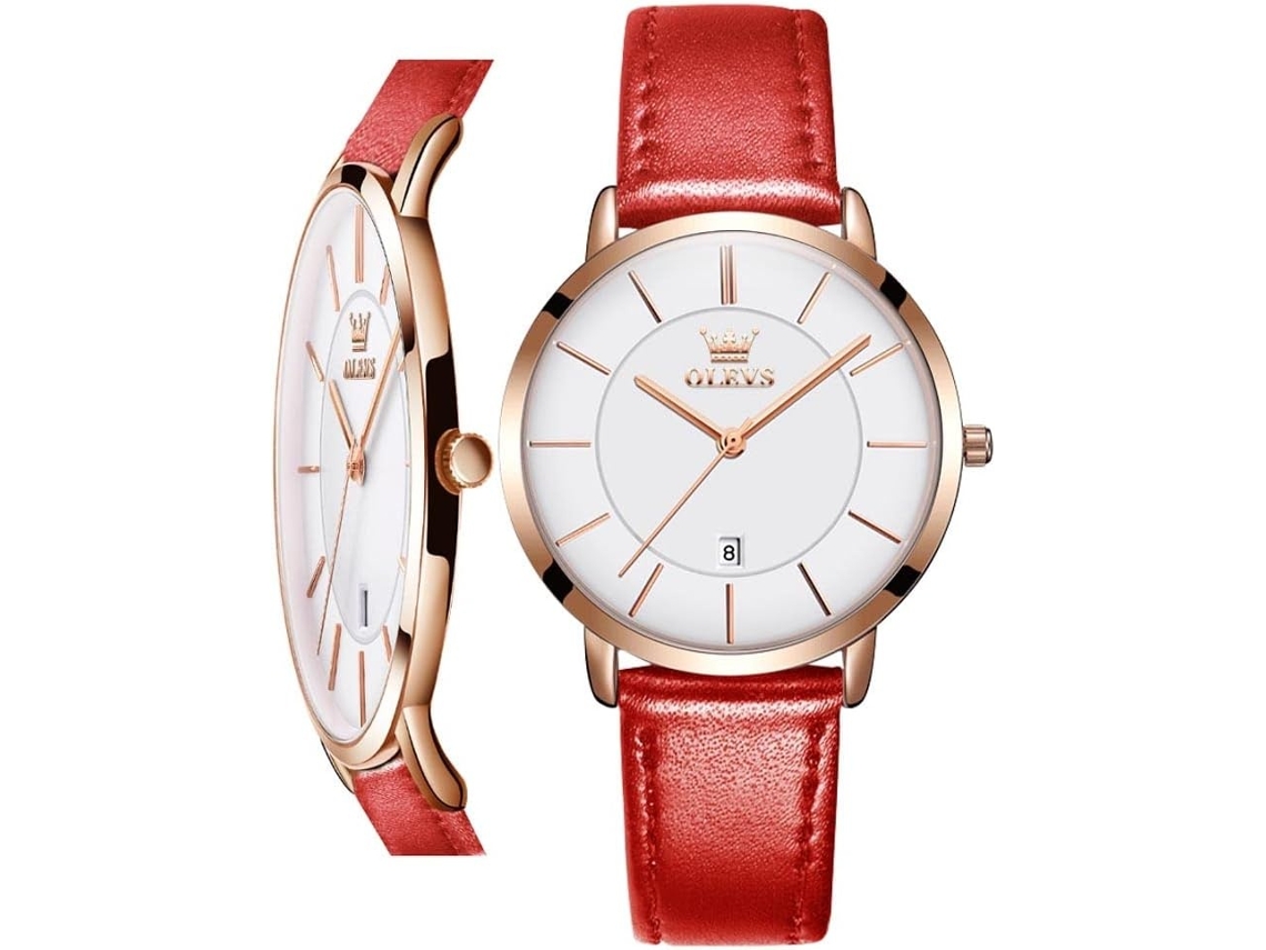 Lurelia Relógio Feminino, Movimento De Quartzo, 0,25 Polegadas, Couro, Resistente À Água 30m, Rosa Ouro, Vermelho