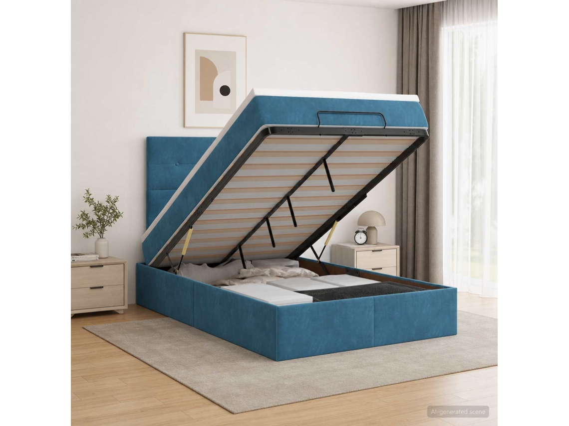 Vidaxl Cama Ottoman Com Colchão Azul Escuro 120 X 190 Cm Veludo