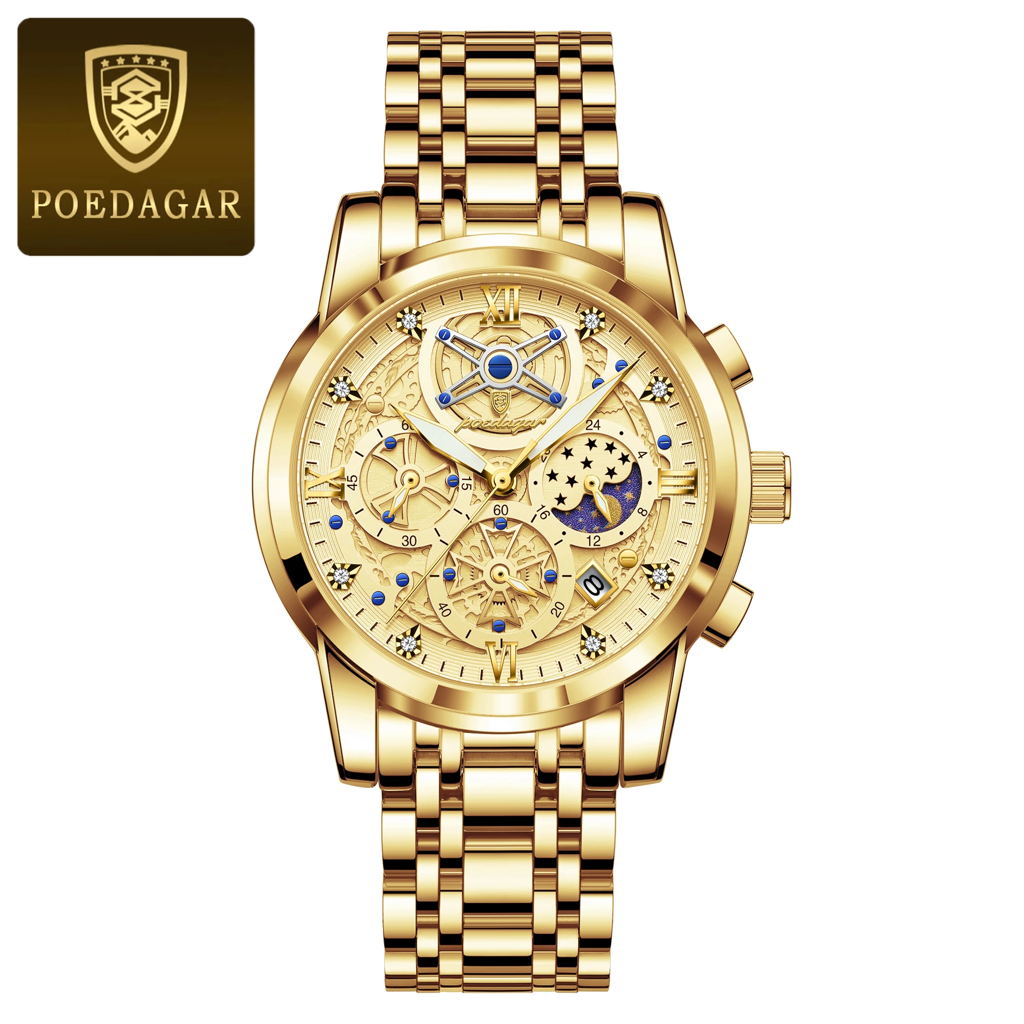 Relógio Masculino em Aço Inoxidável , À Prova D'água, Luminoso, com Exibição de Data. MDUG (todo Dourado)