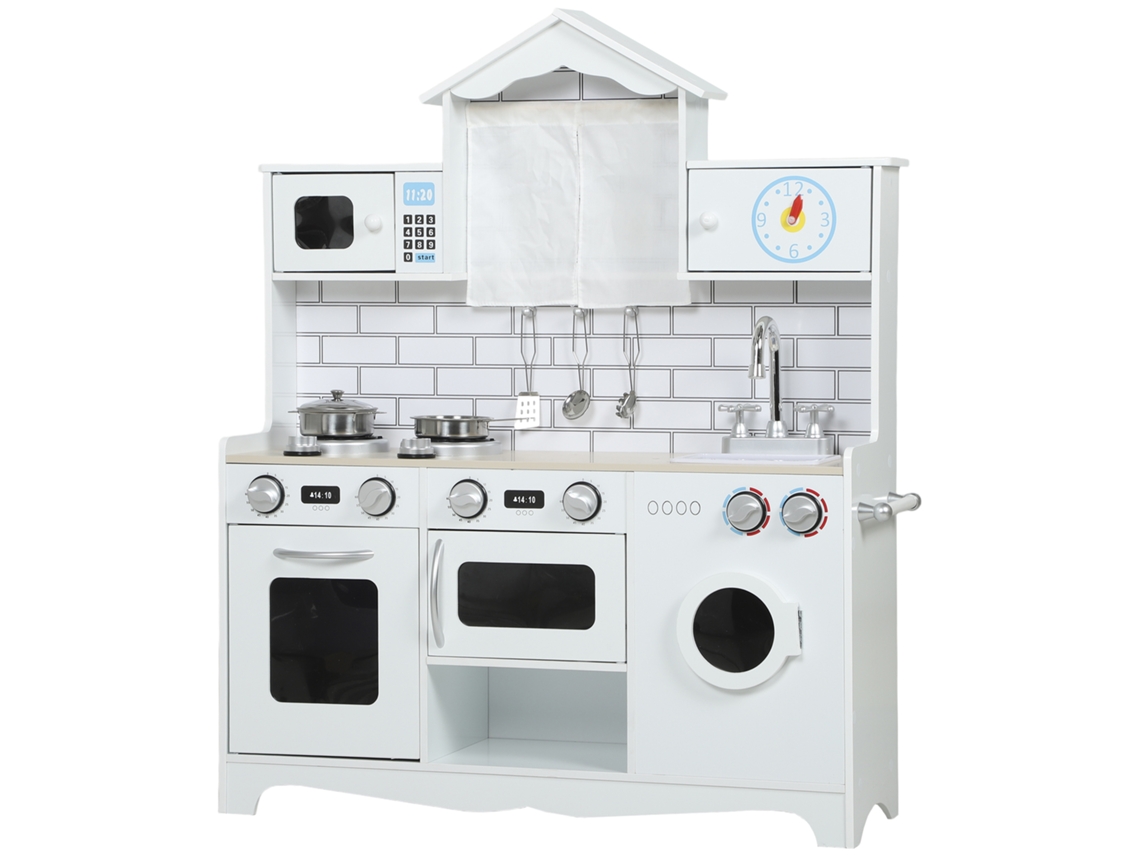 Cozinha de Madeira com Som Cozinha Brincar com Acessórios em Aço Inoxidável Máquina Lavar Micro ondas. Lava loiça 79.5x24x94 Cm Branco FYNTERA EUROPA