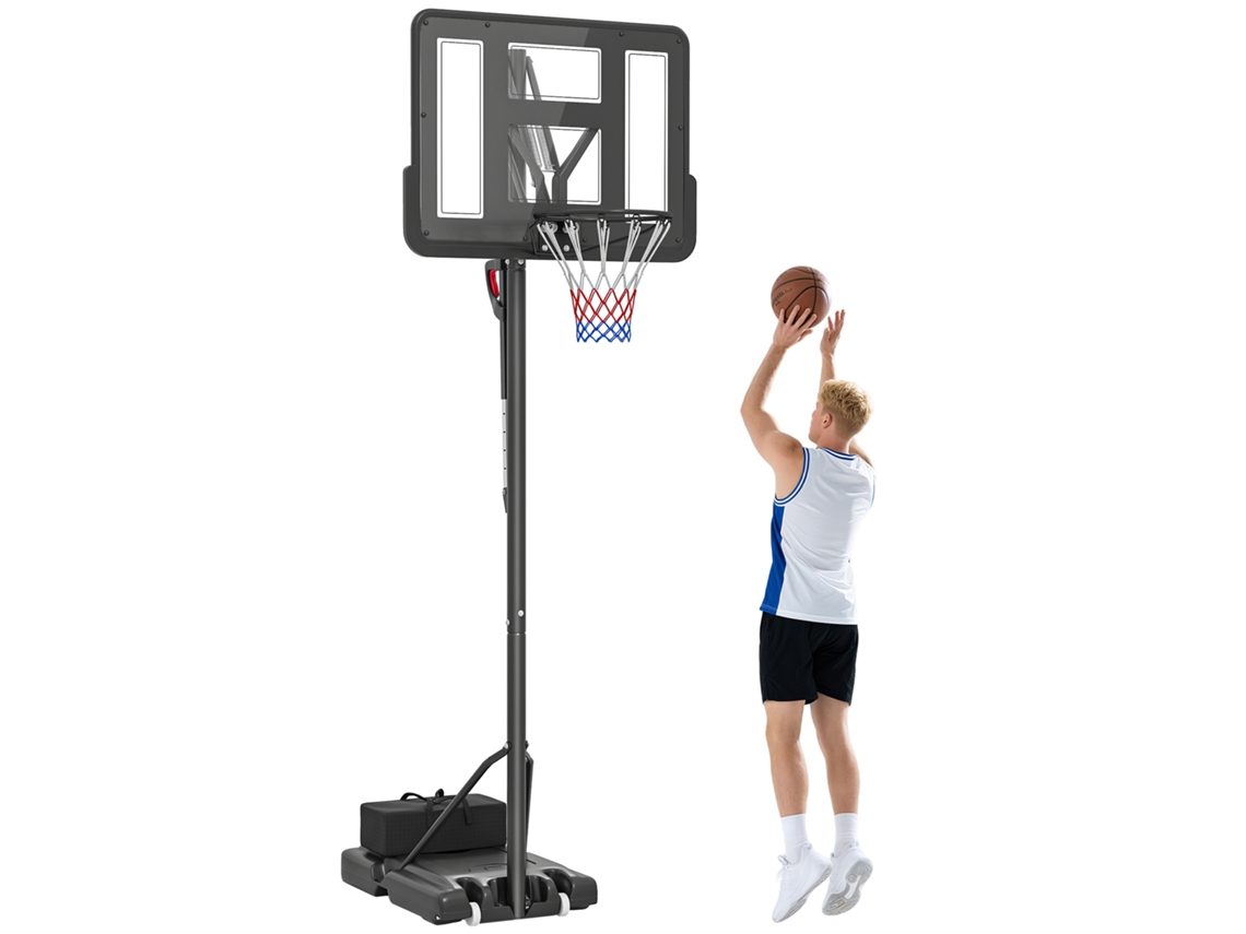 Tabela de Basquetebol Exterior com Altura Ajustável Suporte Rodas Base Recarregável e Bolsa Peso 90x60x305 Cm Preto FYNTERA EUROPA