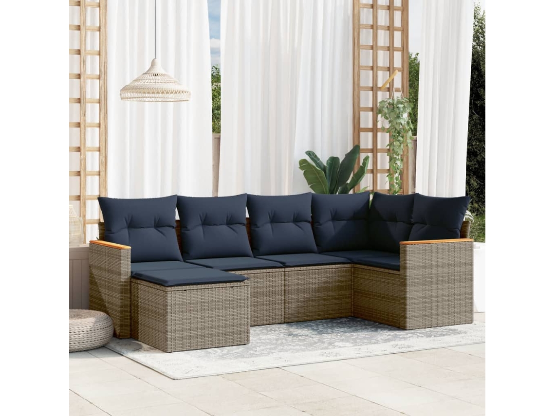 Vidaxl Conjunto De Sofá De Jardim Com 6 Peças E Almofadas Em Rattan Sintético Cinza