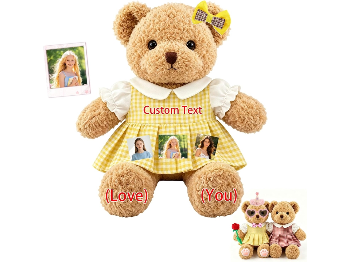 Urso De Pelúcia Personalizado Com Vestido Xadrez E Nome Foto.