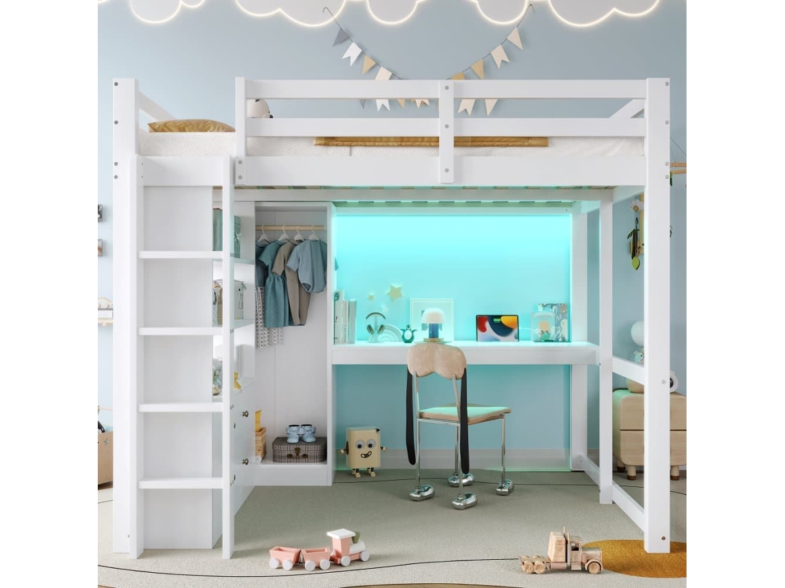 Cama Alta 140x200 - 2 Gavetas, Prateleiras, Secretária Inferior, Led E Usb - Branco
