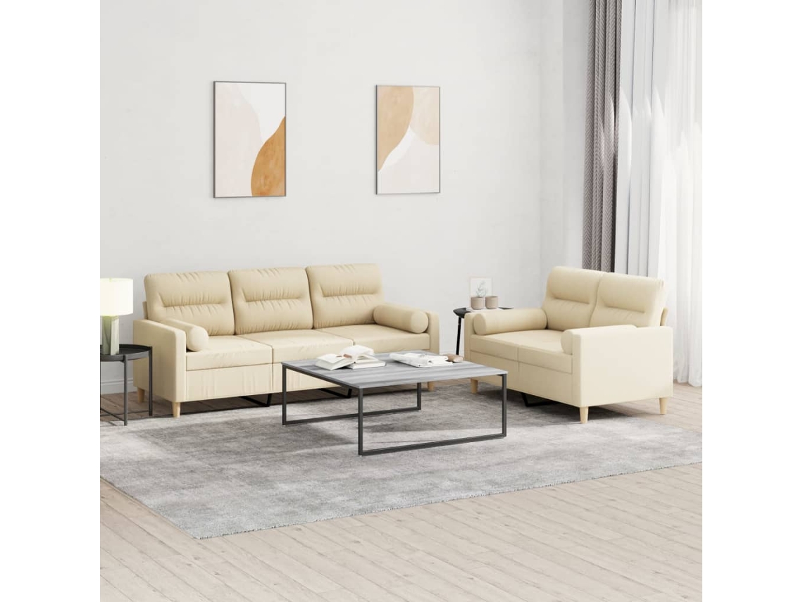 Vidaxl 2 Pcs Conjunto de Sofás com Almofadas Tecido Cor Creme