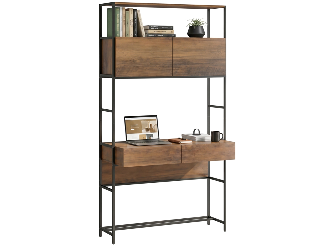 Mesa De Computador Com 2 Gavetas, 100 X 45 X 185 Cm, Mesa Com Espaço De Armazenamento, 2 Portas E Prateleiras Abertas, Marrom
