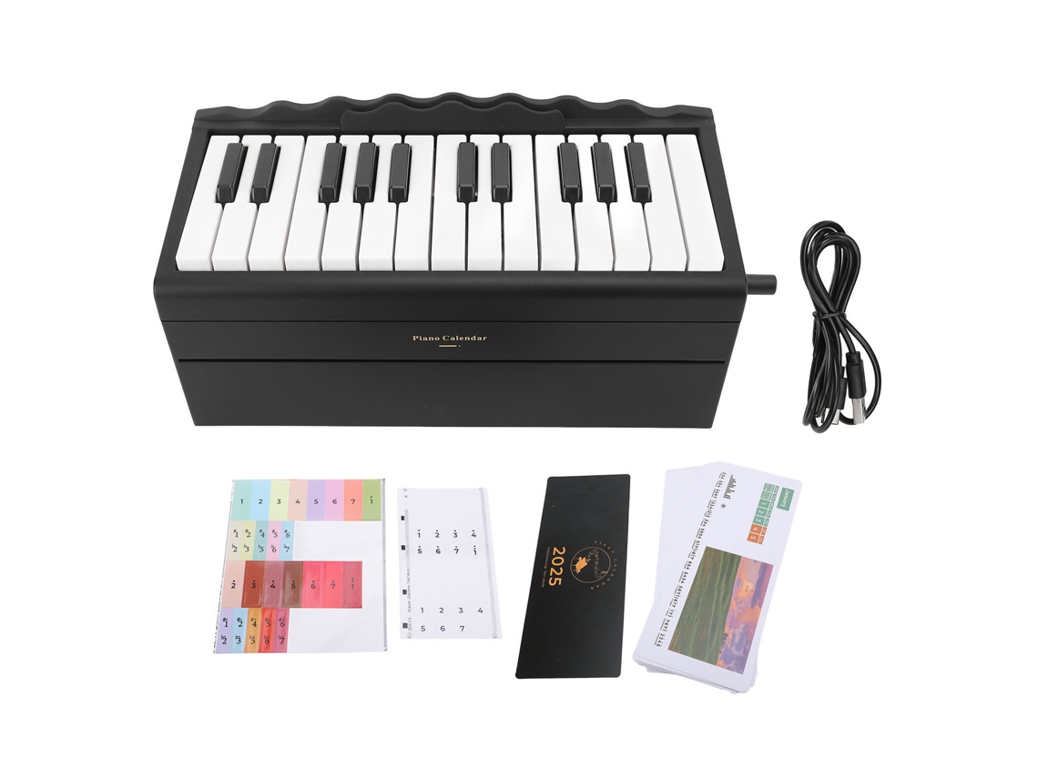 Walshlxq calendário de Piano Jugável 2025 com 27 Cartões 25 Teclas Volume Ajustável Bateria Recarregável 1000mah Manivela Preto