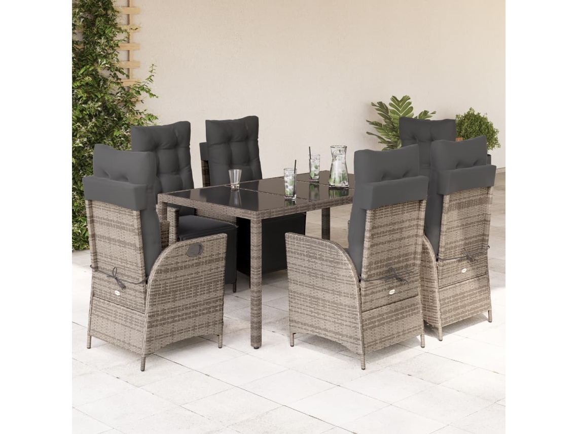 Vidaxl 7 Pcs Conjunto De Jantar P/ Jardim C/ Almofadões Vime Pe Cinza