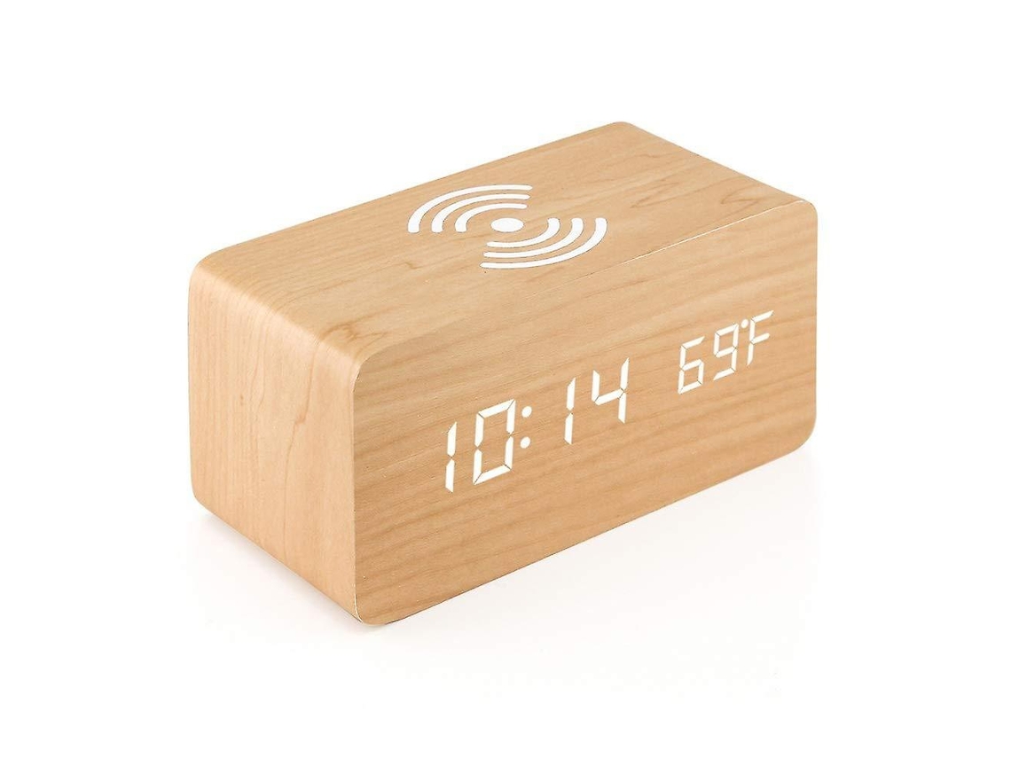 Despertador Eletrônico Digital Multifuncional Com Led, Relógio De Mesa Com Carregamento Sem Fio, Relógio Digital De Madeira Slowmoose