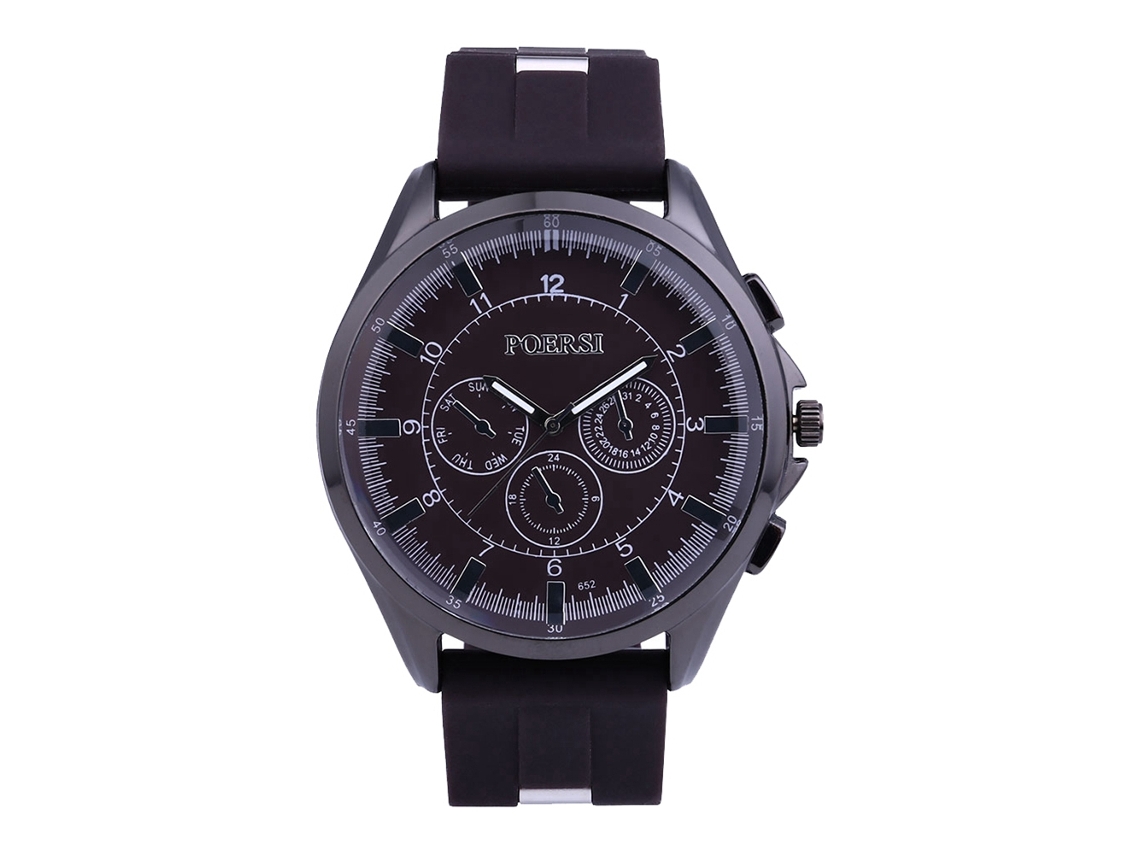Relógio masculino casual de quartzo com pulseira de silicone, três mostradores, marrom.