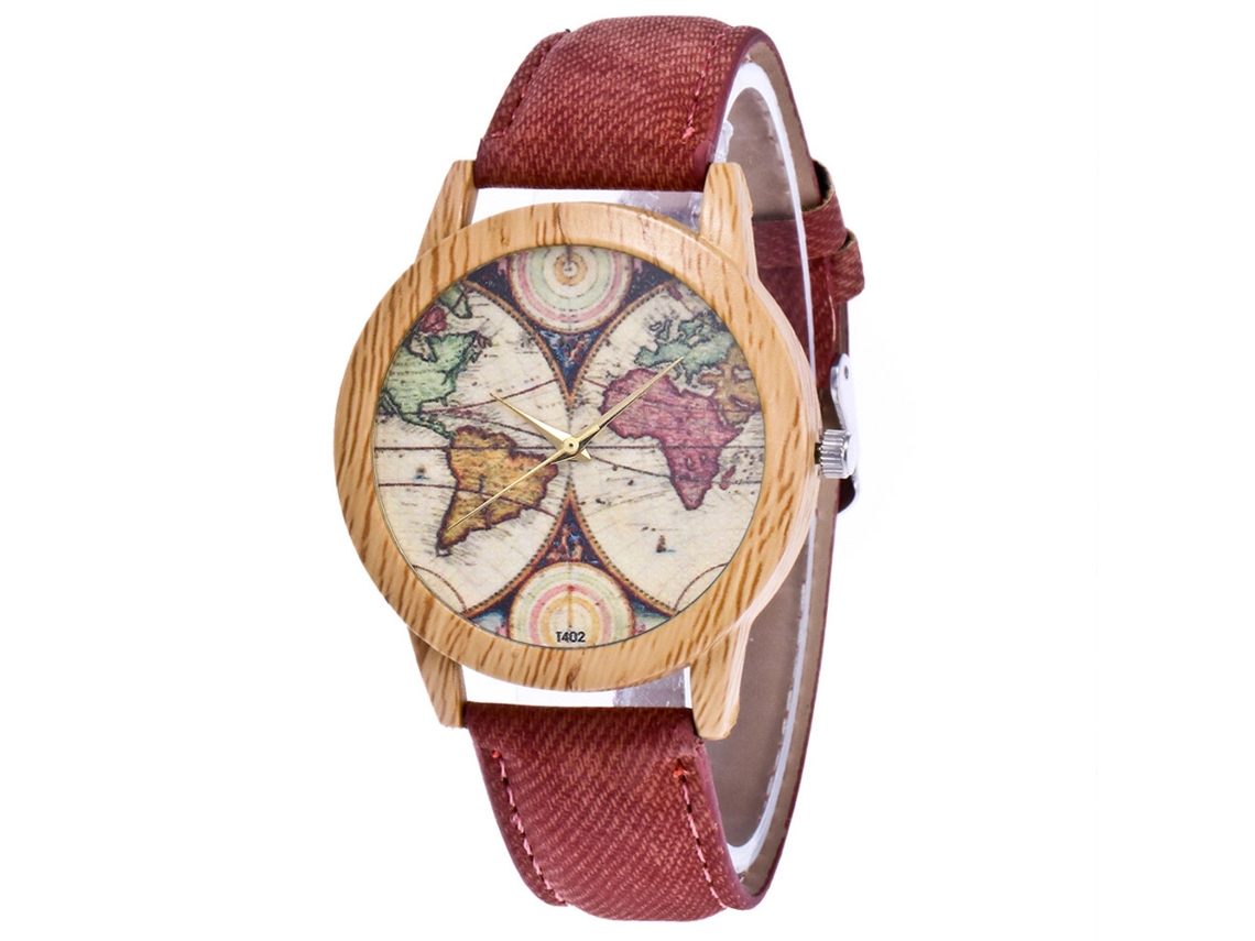 Relógio de Pulso Unissex Jean Strap com Padrão de Mapa Retro, Quartz, Café