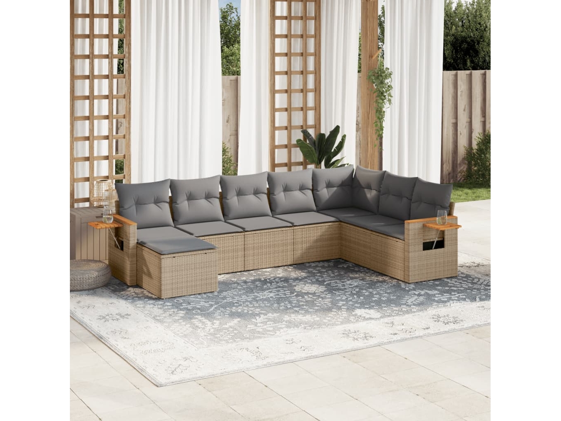 Vidaxl 8 Pcs Conjunto De Sofás P/ Jardim Com Almofadões Vime Pe Bege