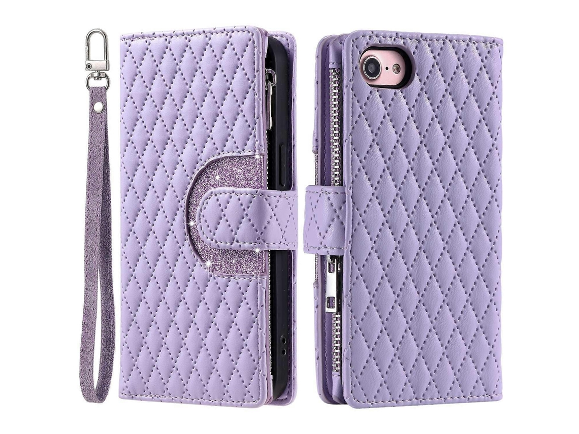 Capa Estilo 012 Para Iphone 16e, Capa Com Zíper E Bolso, Couro Brilhante, Roxa