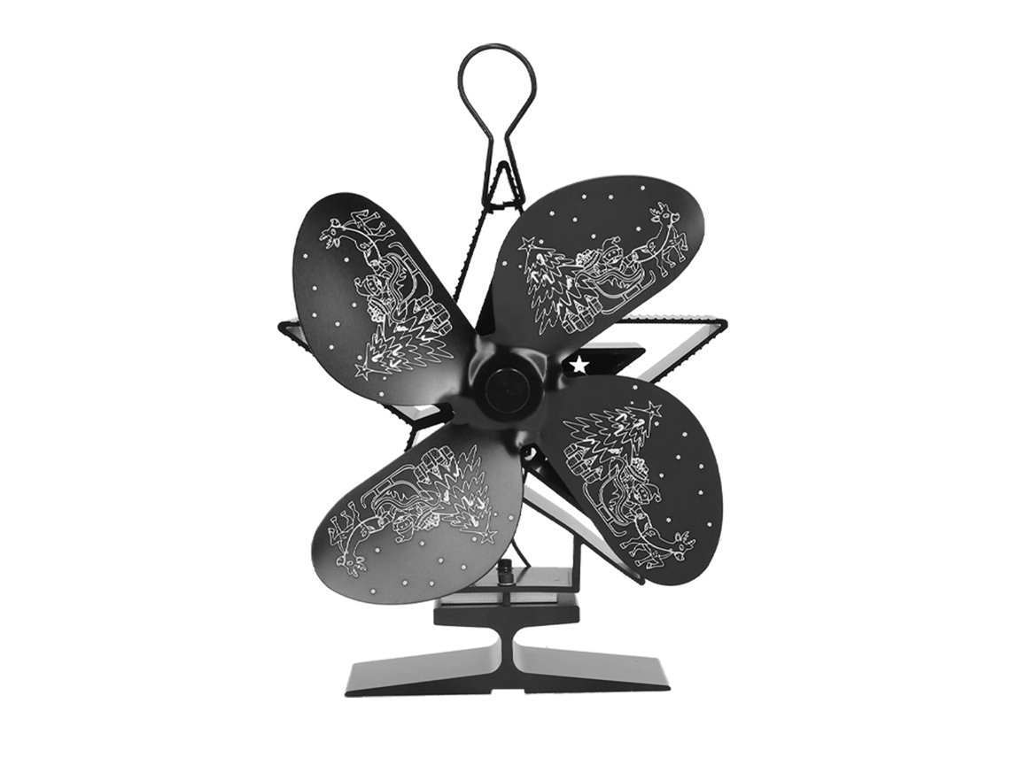 Fan de madeira para lareira com 4 pás, distribuição de calor e padrão Santa, preto