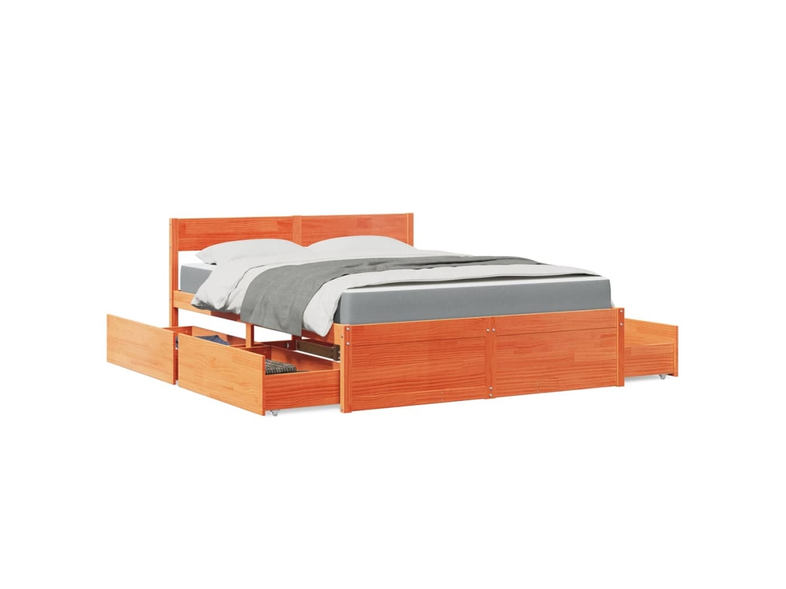 Cama Com Gavetas E Colchão 140x200 Cm Pinho Maciço Castanho-mel
