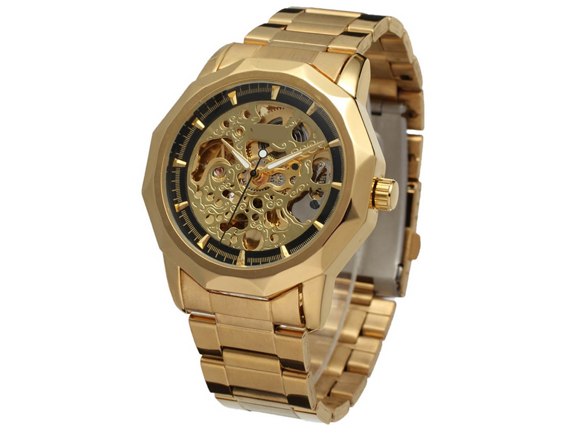 Relógio masculino automático elegante, relógio mecânico à prova d'água, dourado