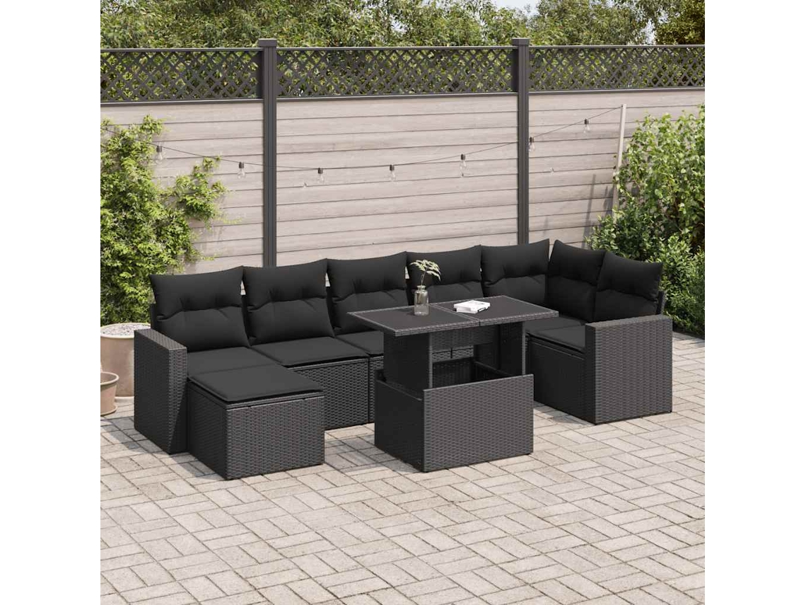 Vidaxl 8 Pcs Conjunto Sofás De Jardim Com Almofadões Vime Pe Preto