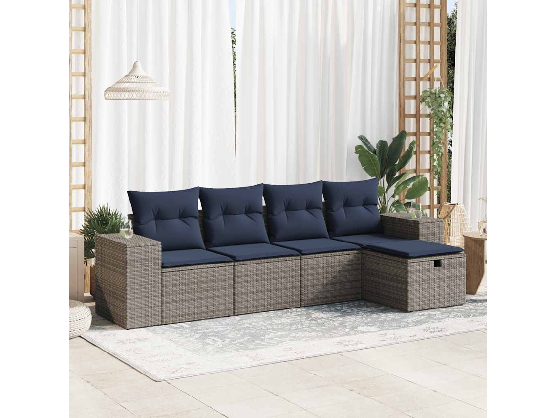 Vidaxl 5 Pcs Conjunto Sofás De Jardim C/ Almofadões Vime Pe Cinzento