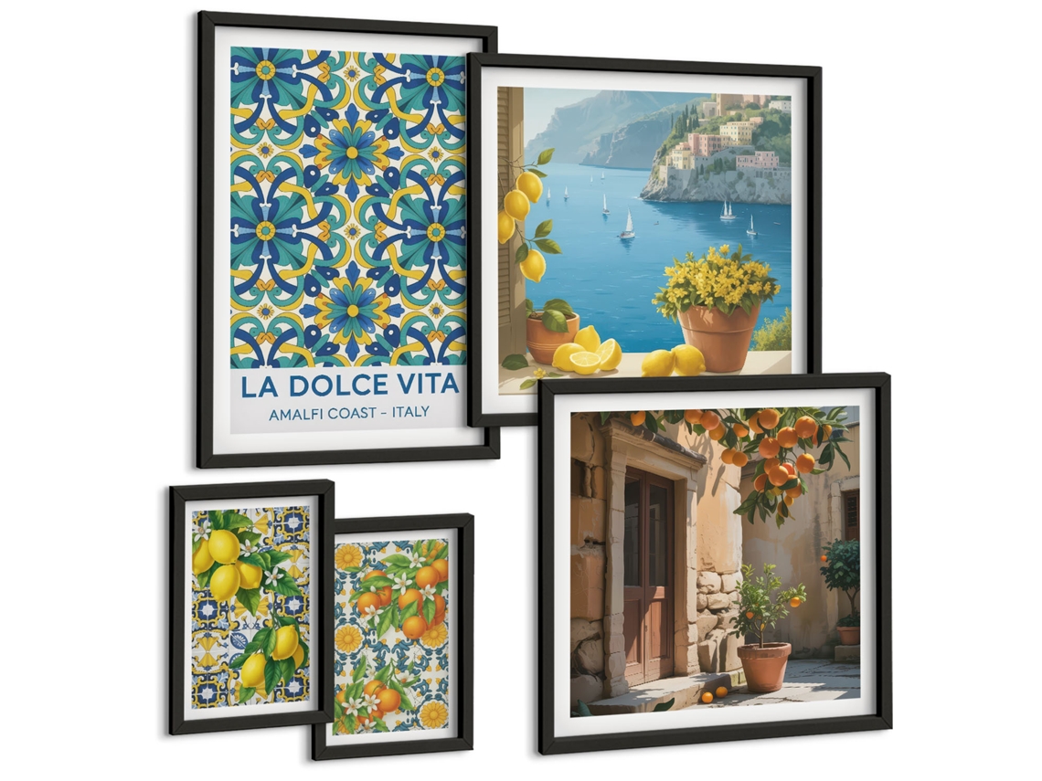 Conjunto De Pinturas Amalfi Italiano Cítricos Flores Espelharte (5 Peças)