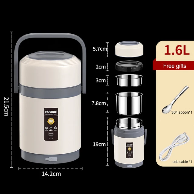 Lancheira Portátil Térmica com Aquecimento Elétrico Usb, em Aço Inoxidável 304. MDUG (branca, 1,6l)