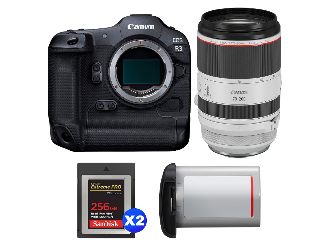 Eos R3 + Rf 70 200mm F/2.8 L Is Usm + 2 Sandisk 256gb Extreme Pro Cfexpress Type B + Canon Lp e19 + Ebook “20 Dicas para Fotos Que Impressionam” CANON