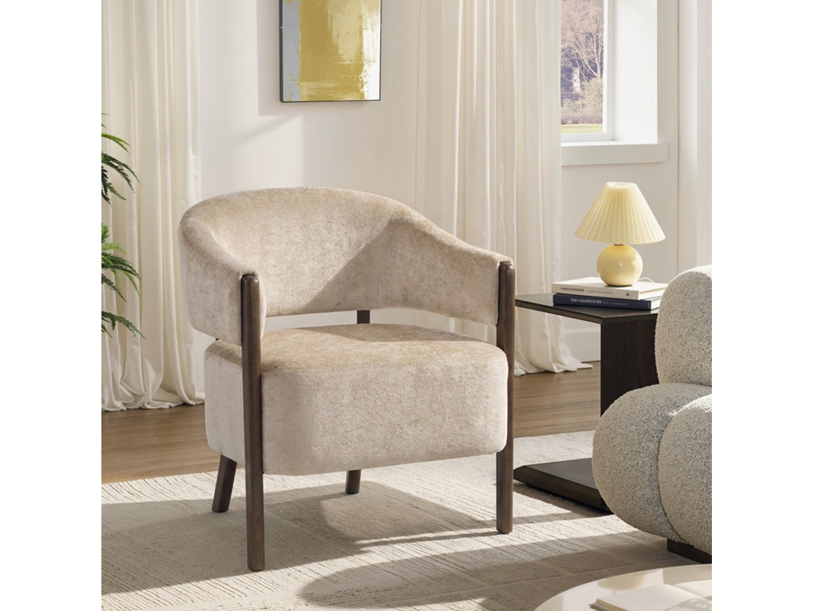 Accent Chair, Chenille Upholstered Chair With Solid Wood Frame And Legs, Beige