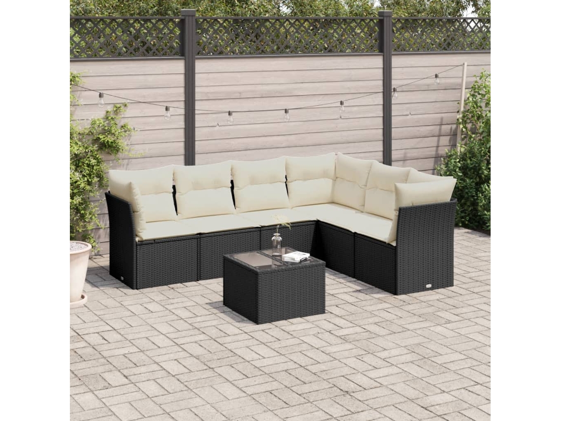Vidaxl 7 Pcs Conjunto De Sofás P/ Jardim C/ Almofadões Vime Pe Preto