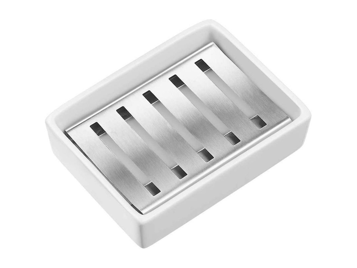 Saboneteira Fasst em cerâmica e aço inoxidável, com bandeja dupla para banheiro e chuveiro, design elegante e fácil de limpar.