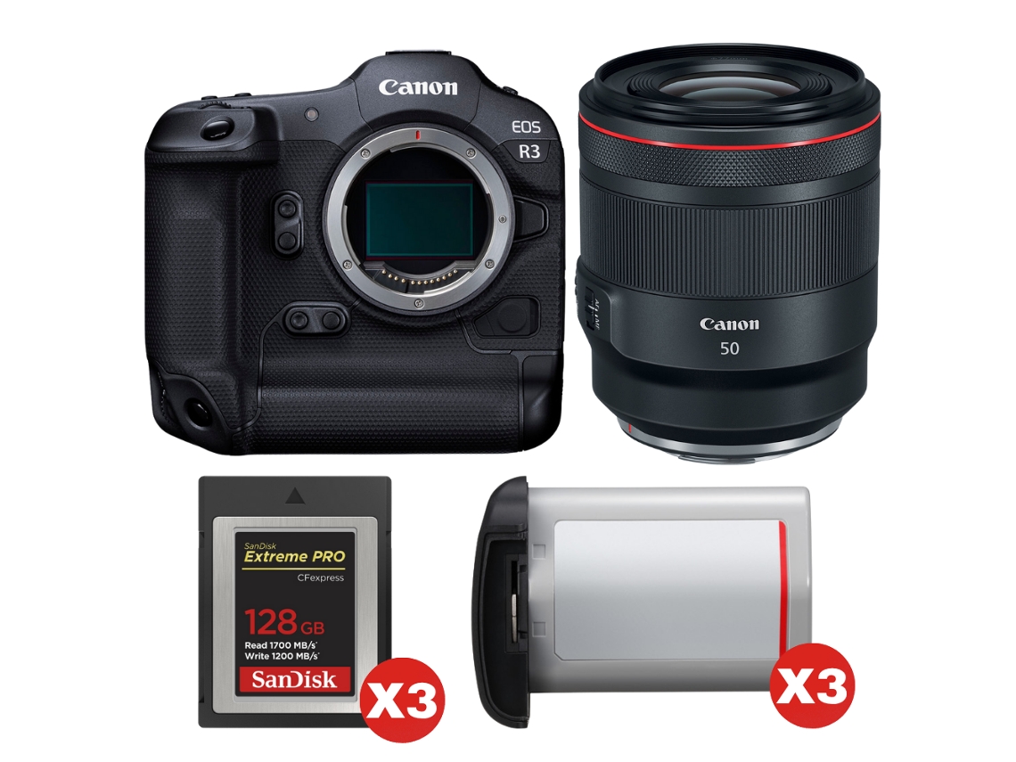 Eos R3 + Rf 50mm F/1.2 L Usm + 3 Sandisk 128gb Extreme Pro Cfexpress Type B + 3 Canon Lp e19 + Ebook “20 Dicas para Fotos Que Impressionam” CANON