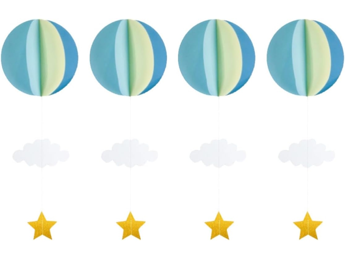 Conjunto 4 Peças Decoração Suspensa Formato Balão Papel Fáceis Pendurar Festas Ambientes Aniversário Azul GOKOCO