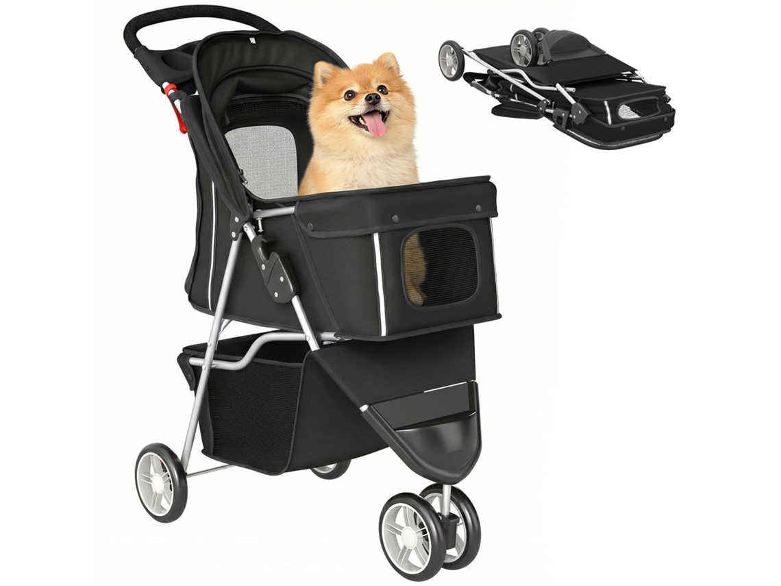 Carrinho para Cães Pequenos com Cesto de Armazenamento Janelas de Rede e Cinto de Segurança 77x44x102 Cm Preto Ge
