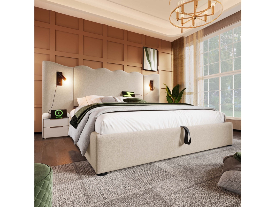 Cama De Casal Estofada Luminária Leitura Usb Type-c Gutent Linho Bege (160x200cm)