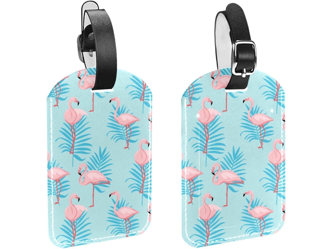 Conjunto De 2 Etiquetas Bagagem Em Couro Sintético Com Estampa Flamingo Tropical E Folha Azul