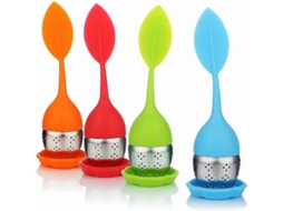 4 Infusores de Chá de Aço Inoxidável e Silicone com Tampa e Prato em Cores Verde, Laranja, Azul e Vermelho