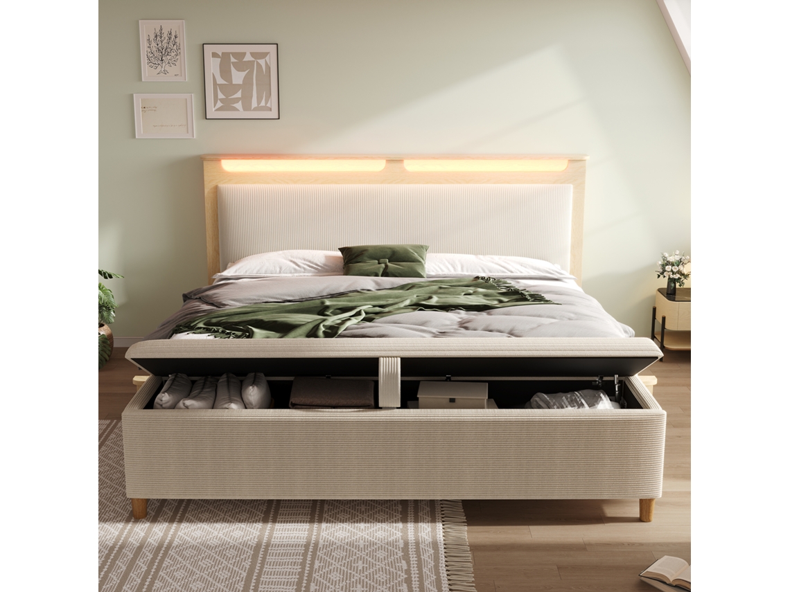 Cama De Casal Em Madeira 160×200 Cm Cama Com Banco De Arrumação, Cabeceira Com Led Bege Estilo (sem Colchão)