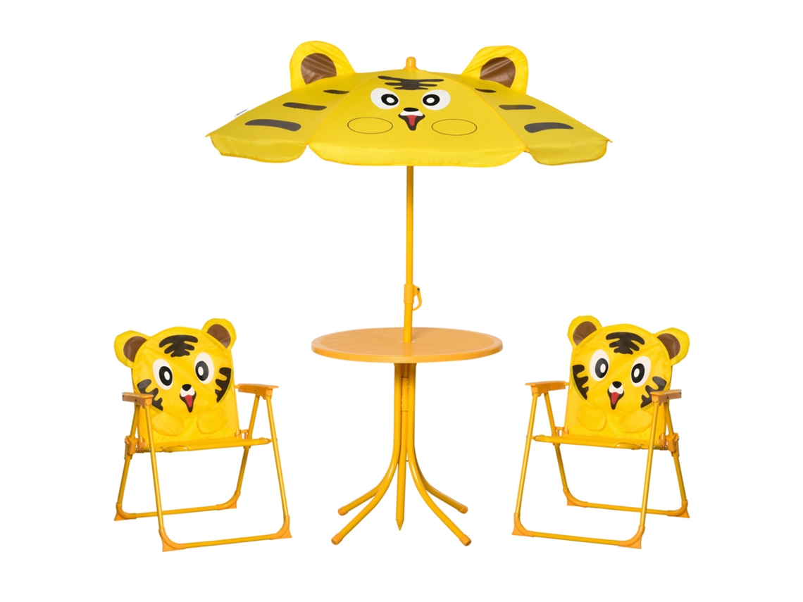 Conjunto De Móveis De Jardim Infantil Com Design De Tigre, 4 Peças - Mesa Redonda + 2 Cadeiras Dobráveis + Guarda-sol - Oxford Amarelo