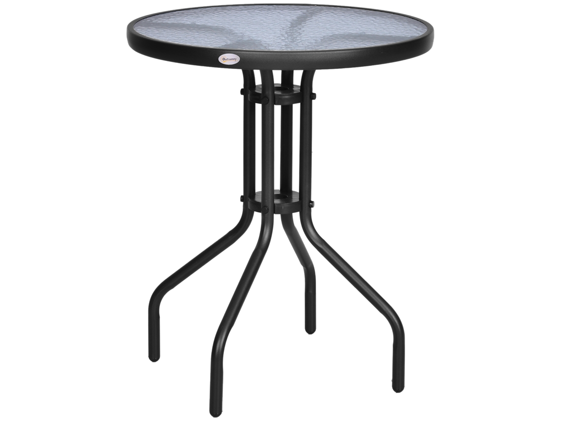 Mesa De Jardim Redonda Com Bancada De Vidro Temperado Decorativa E Estrutura De Metal Para Pátio Terraço Varanda Ø60x70 Cm Preto