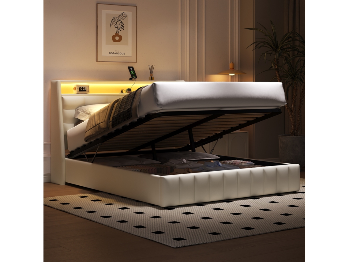 Cama Estofada Branca 160x200 Cabeceira Ajustável Led