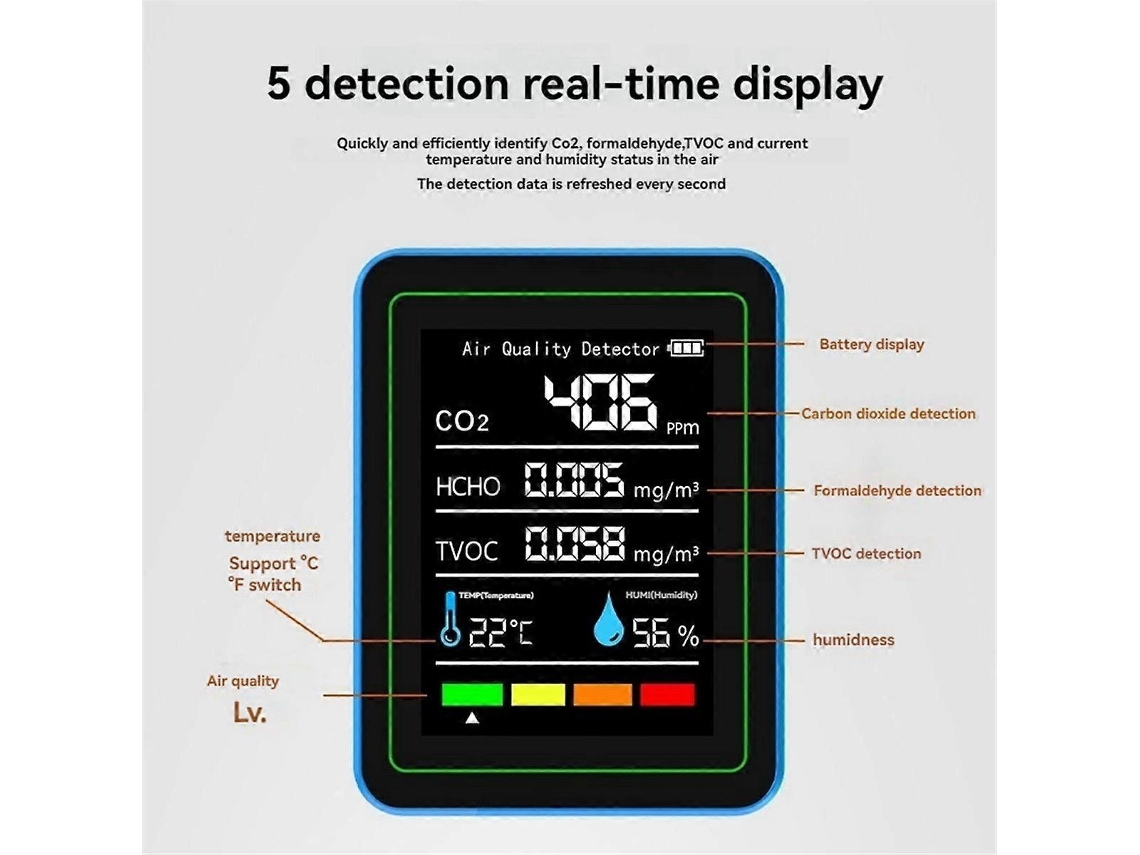 Medidor de qualidade do ar 5 em 1 TVOC HCHO Temperatura Umidade CO2, detector de CO2 recarregável USB Preto Slowmoose