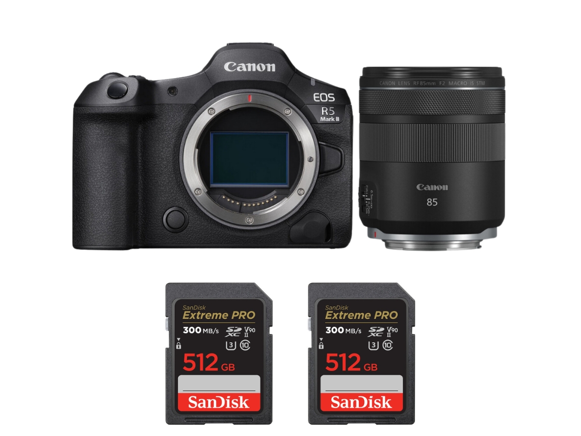 Eos R5 Mark Ii + Rf 85mm F/2 Macro Is Stm + 2 Sandisk 512gb Uhs ii 300mb/s + Ebook “20 Dicas para Fotos Que Impressionam” CANON
