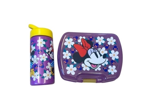 Conjunto De Refeição Infantil Minnie Com Caixa De Lanche E Garrafinha 420ml Plástico Roxo Para Escola E Saídas Eurobaq