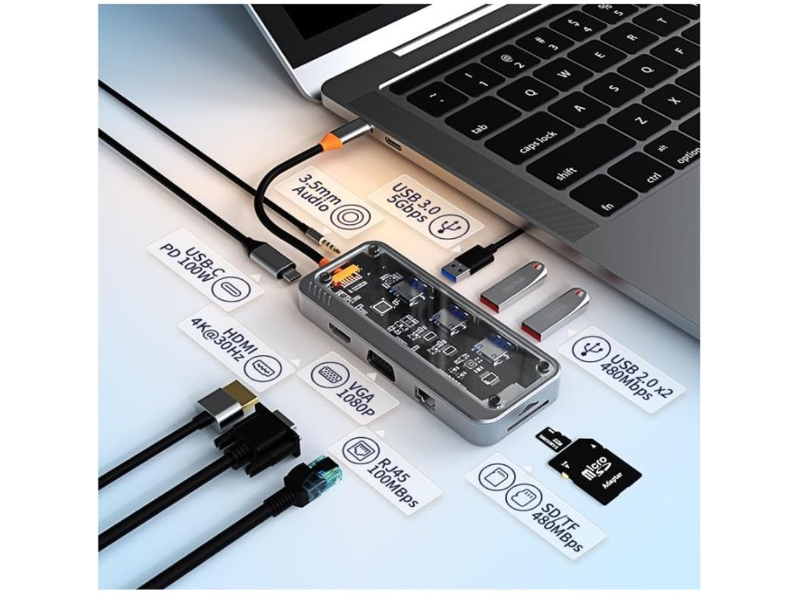 Lurelia Dock Usb-c 10 Em 1 Com 4k 30hz, 1080p, Hdmi, Vga, Rj45, Usb 3.0, Usb 2.0, Sd/tf, Pd 100w, Áudio 3,5 Mm Para Macbook