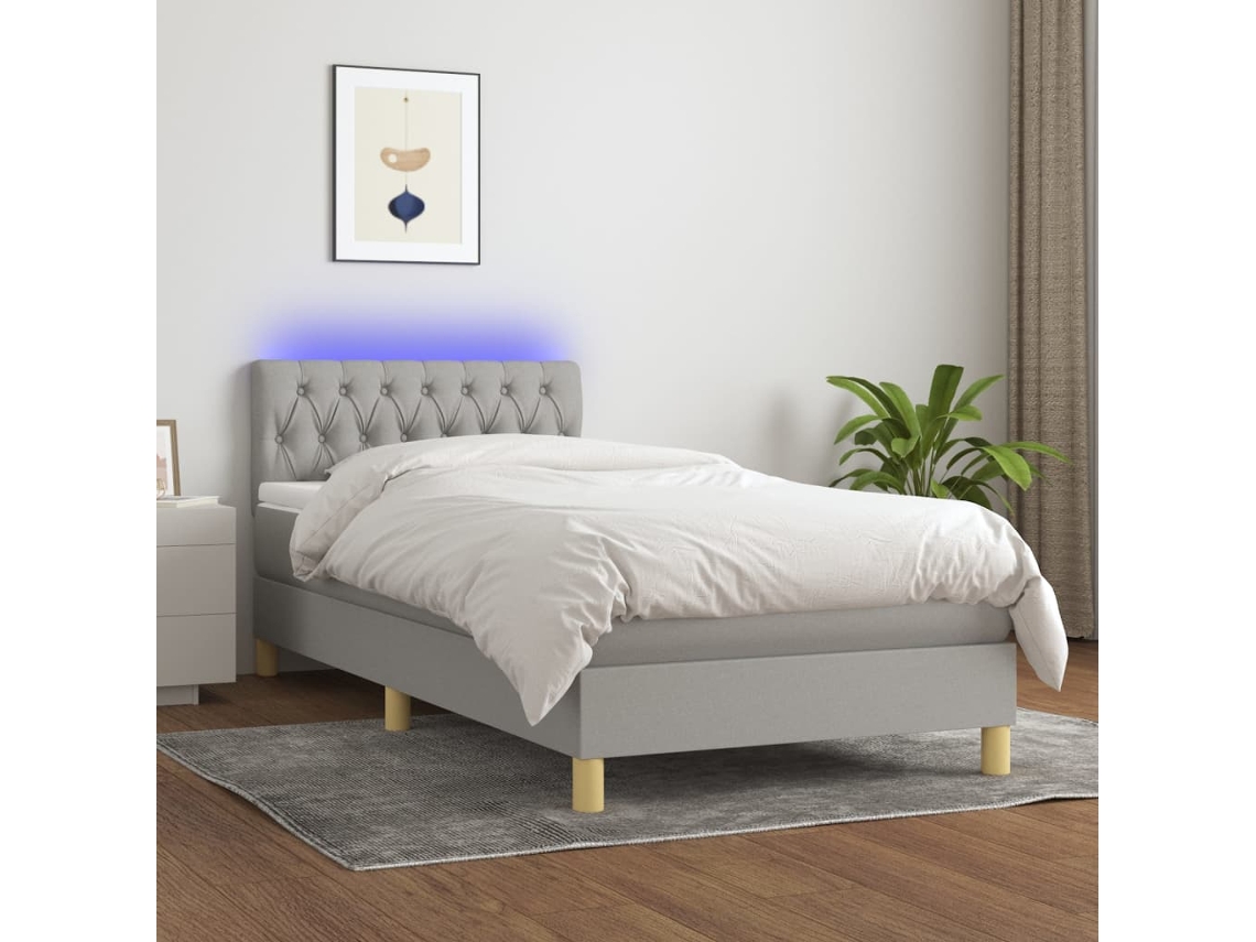 Vidaxl Cama Box Spring C/ Colchão E Led 100x200 Cm Tecido Cinza-claro