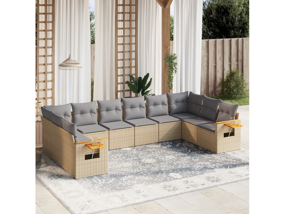 Conjunto de 10 Sofás para Jardim com Almofadas Vime Pe Bege Dkd Home Decor