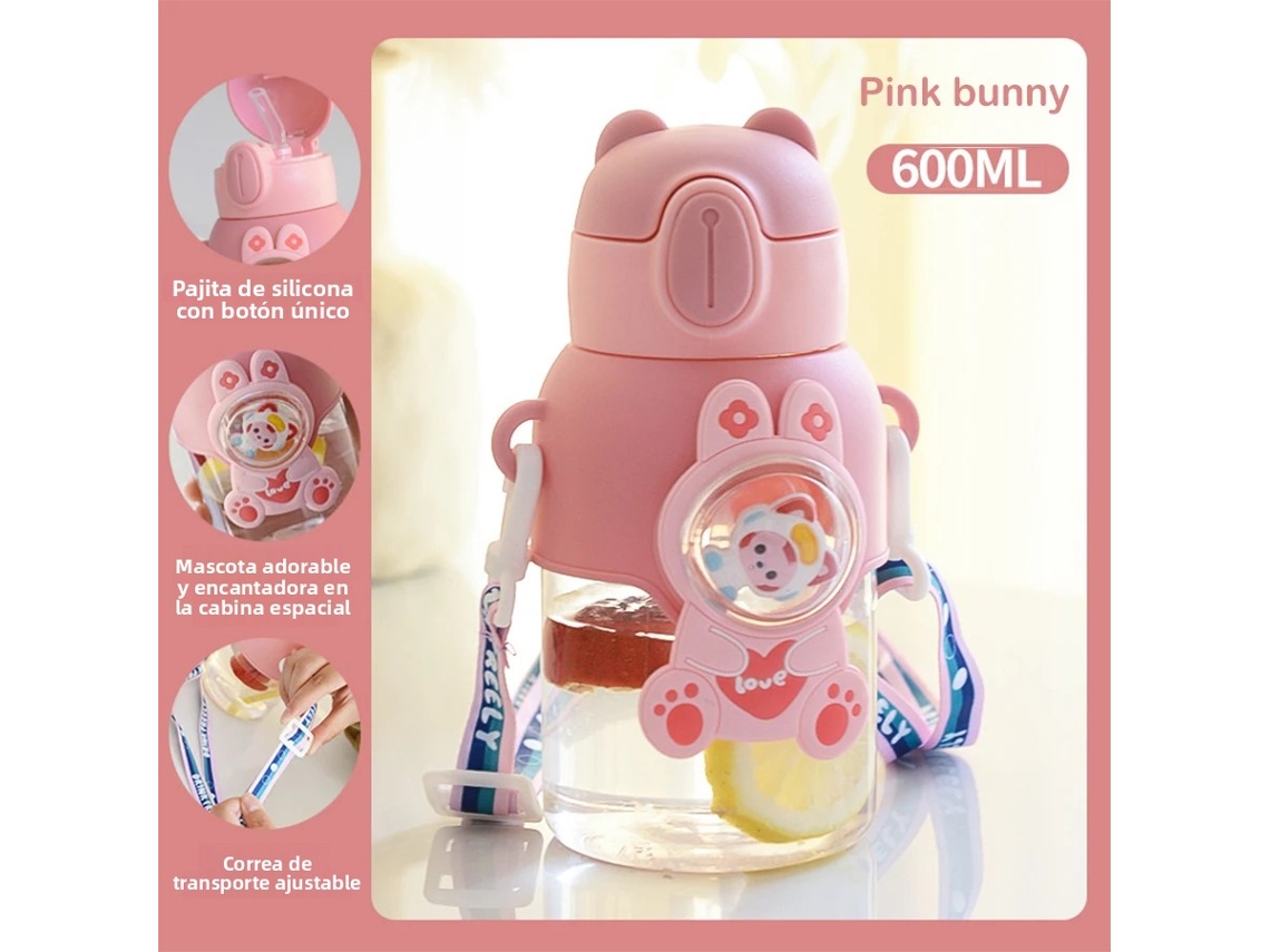 (rosa) Garrafa De Água Infantil Fofa De Verão, 600ml, À Prova De Quedas, Com Canudo, Garrafa De Água De Plástico