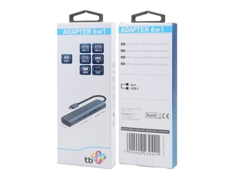 Hub USB-C 6 em 1 Tb Print Aktbxva6w1u3hrj com adaptador de áudio e vídeo HDMI, USB-X3, PD e RJ45